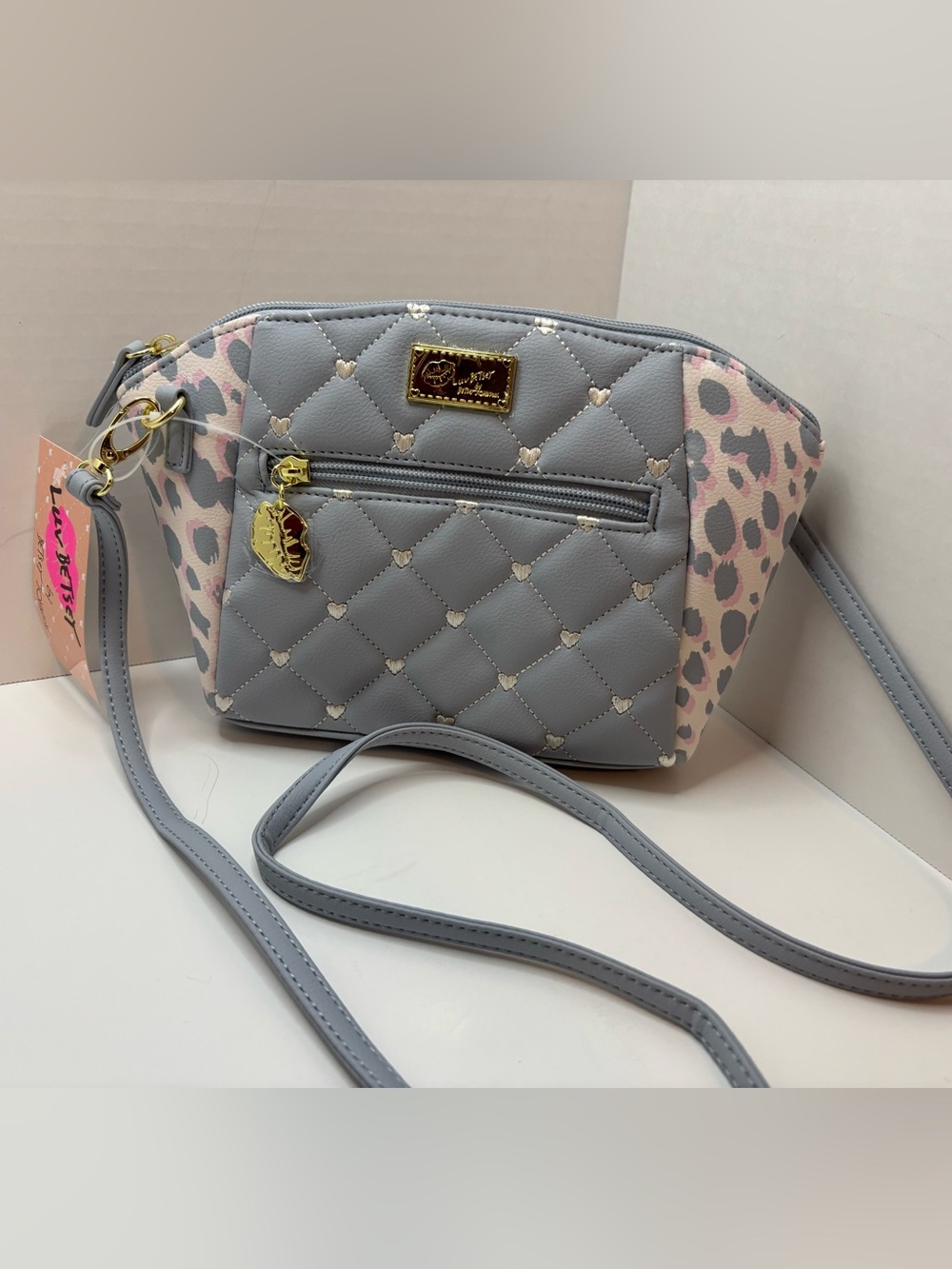 Luv Betsey Johnson blue/wht Crossbody Bag with Pink Leopard & heart Accents